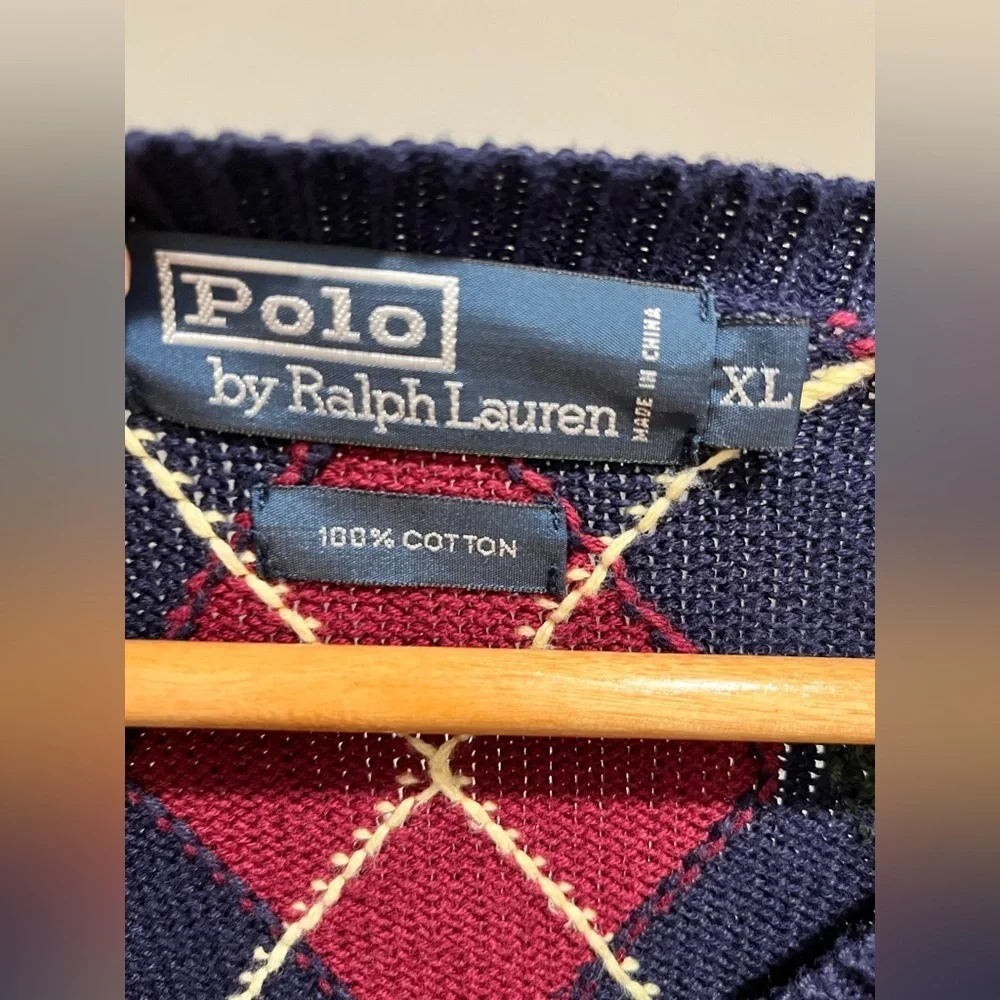 Vintage Ralph Lauren Polo Argyle V-Neck Sweater XL cotton 90s Preppy Classic